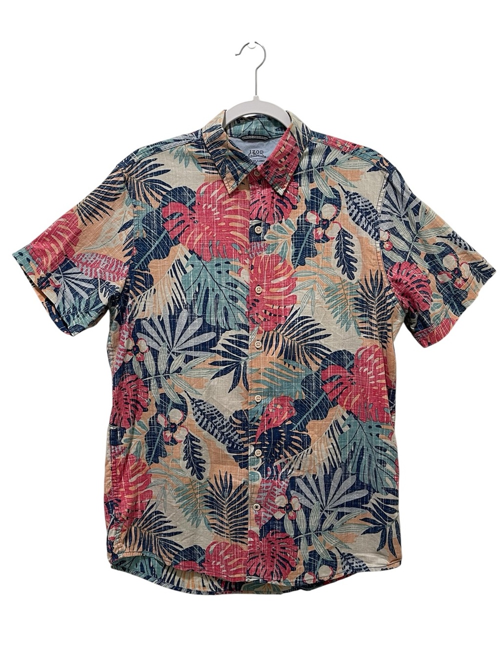 Izod Saltwater Vibrant Tropical Leaf Button Down Cotton Shirt Hawaiian Men M